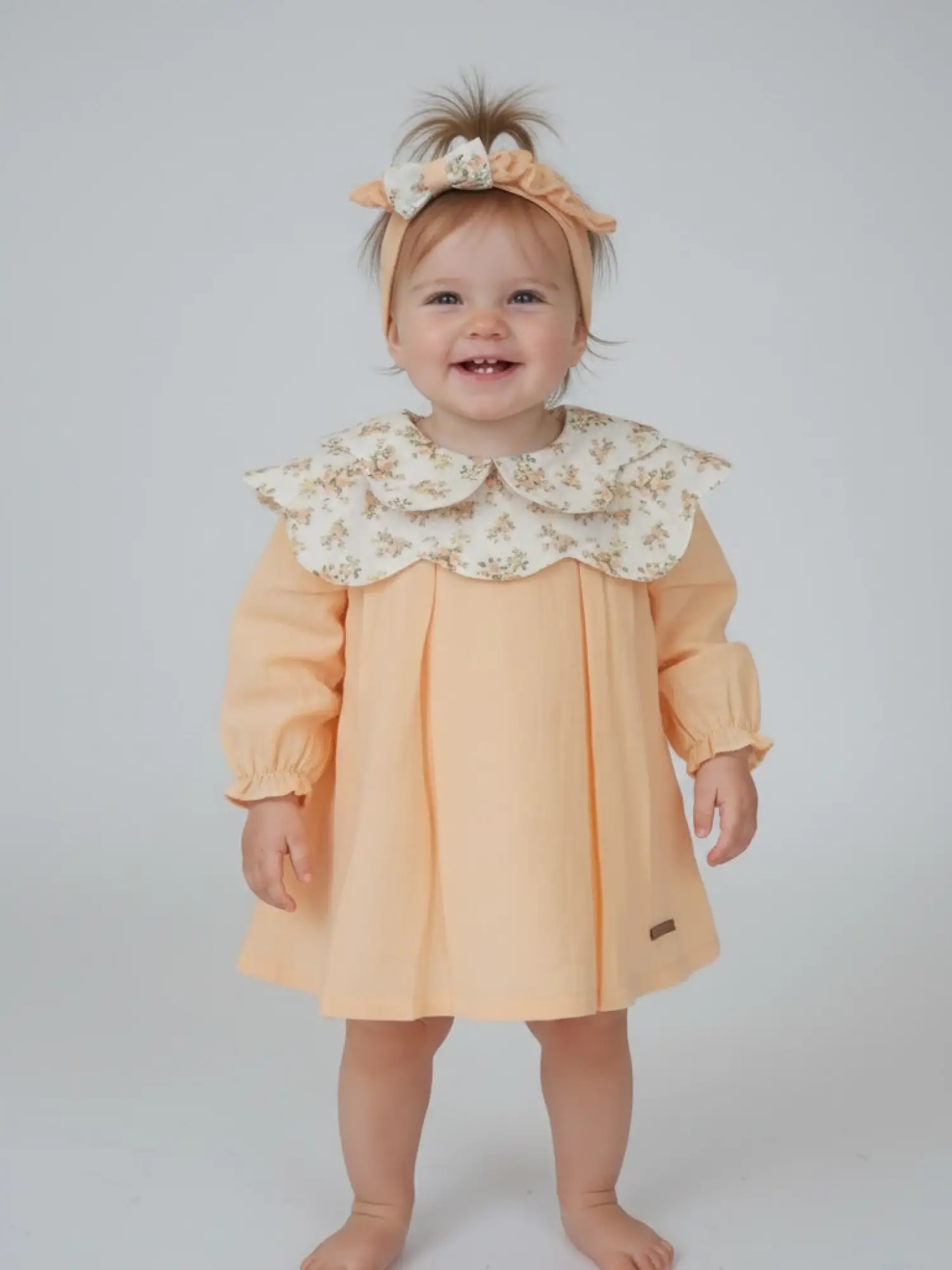 6-24 Ay Yaka Çiçekli Turuncu Bandanalı Elbise