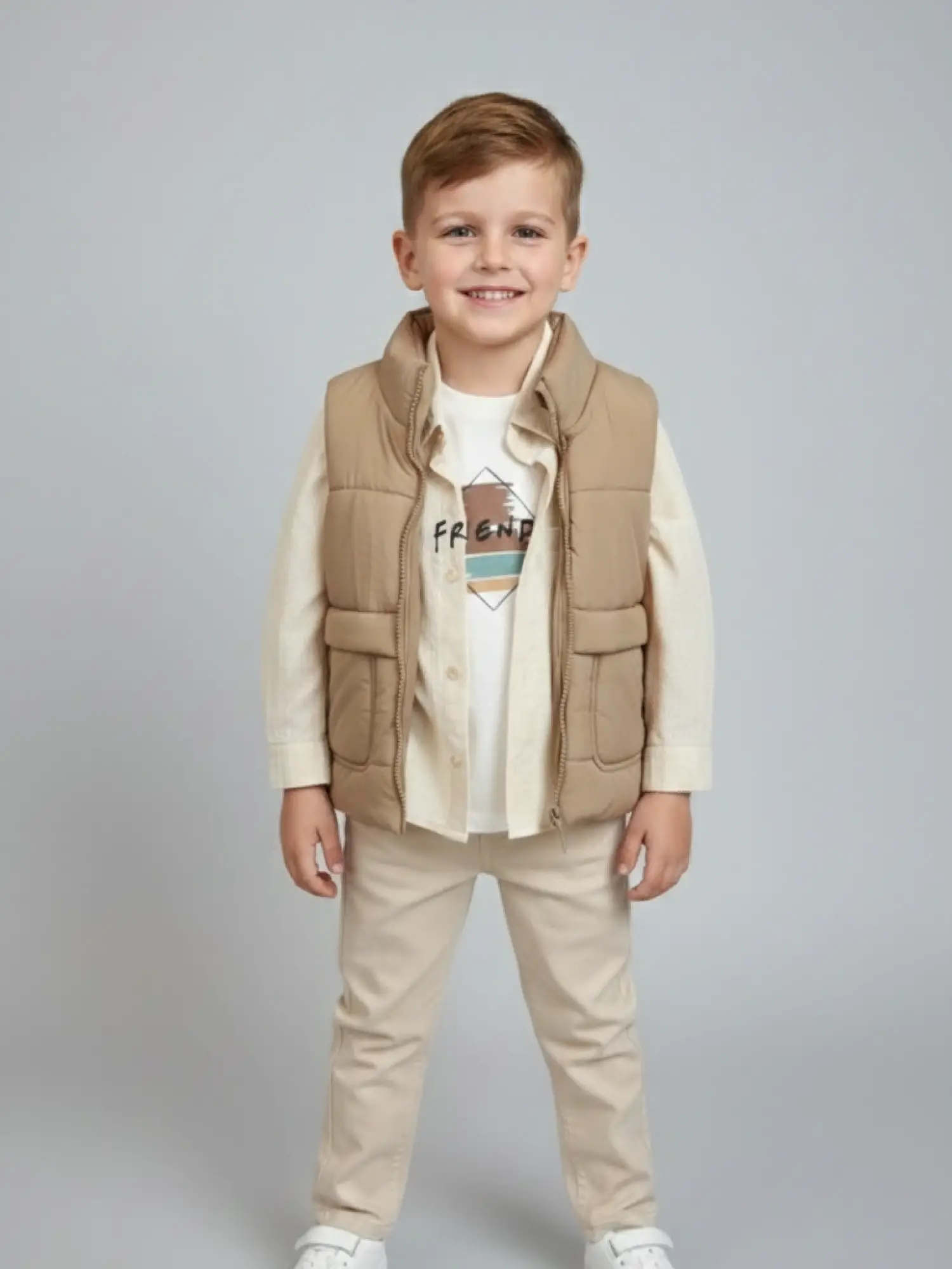2-6 Yaş Bej Şişme Yelekli Gömlekli Takım