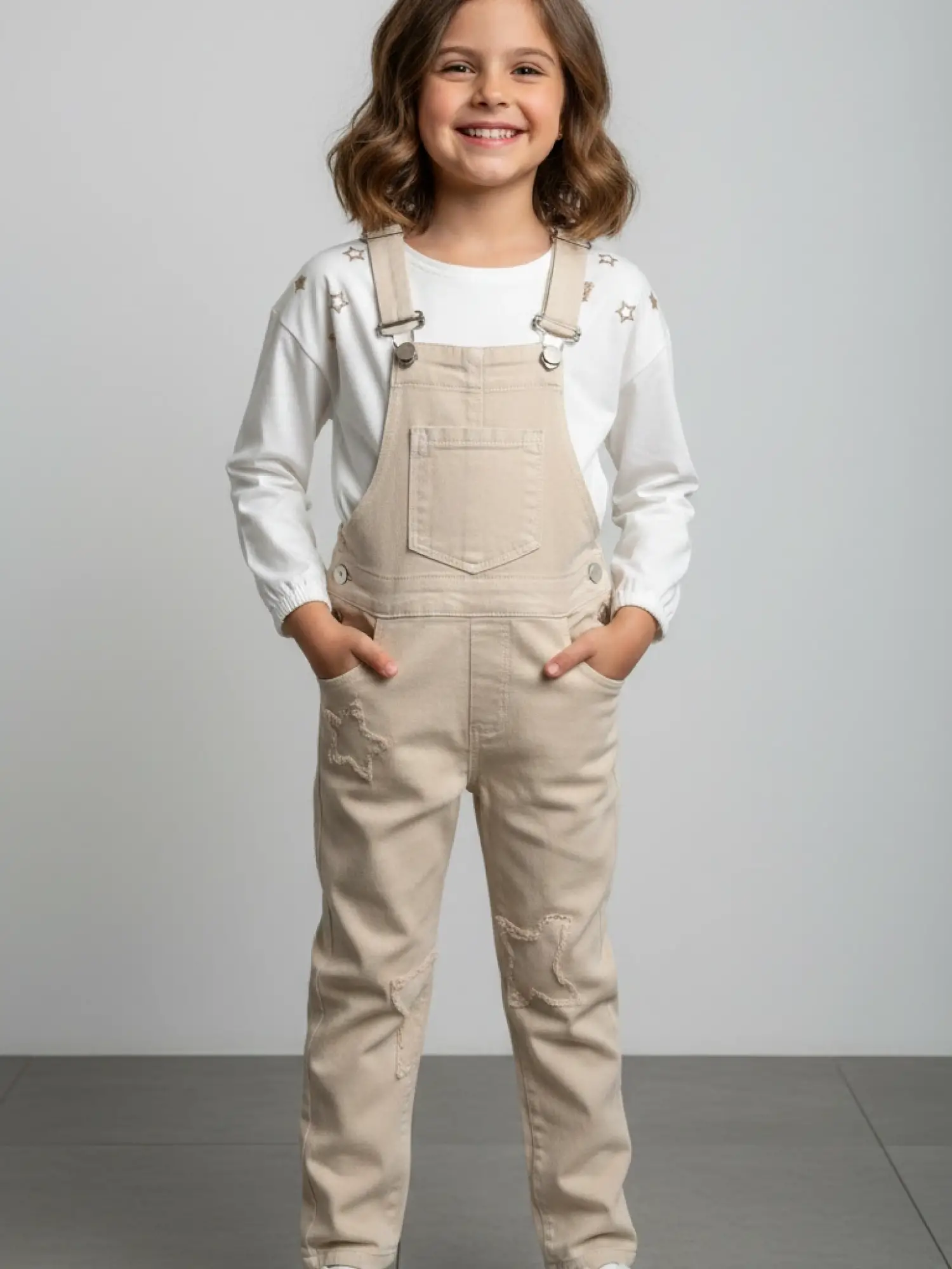 6-9 Yaş Krem Yıldızlı Badili Kot Tulum