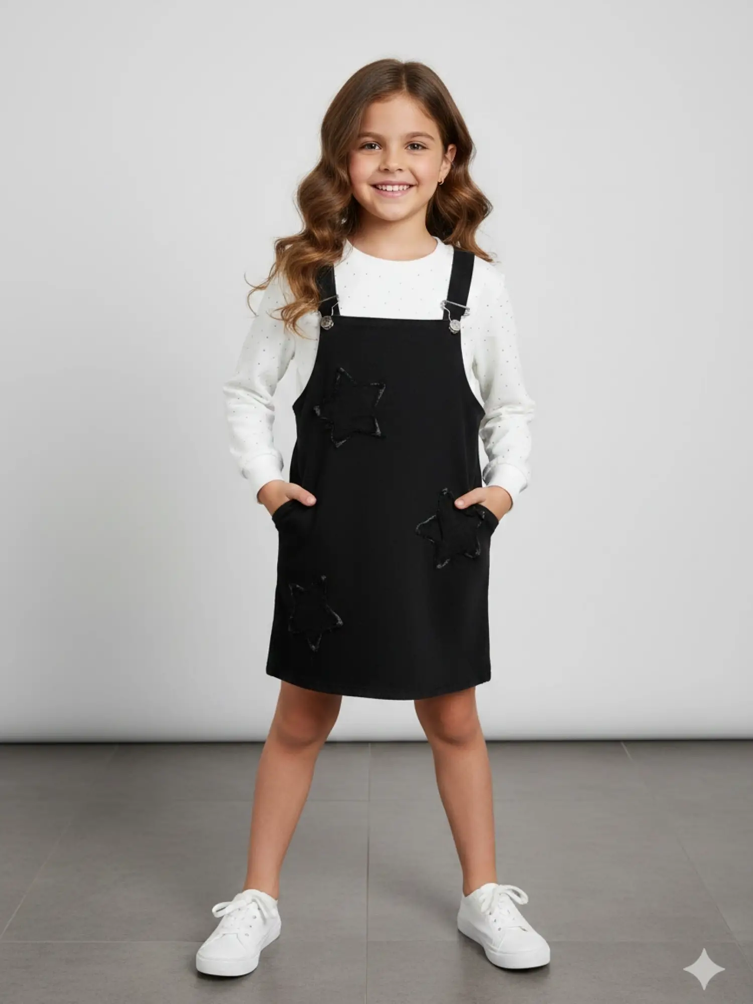 7-10 Yaş Badili Siyah Yıldızlı Taşlı Salopet Elbise