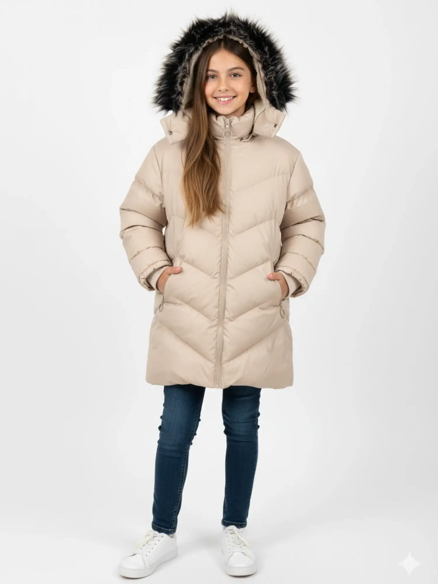 9-13 Yaş Krem Kürklü Şişme Mont