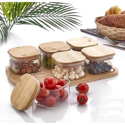 Mien 6lı Bambu Kapaklı Cam Kahvaltılık 10x6.5cm