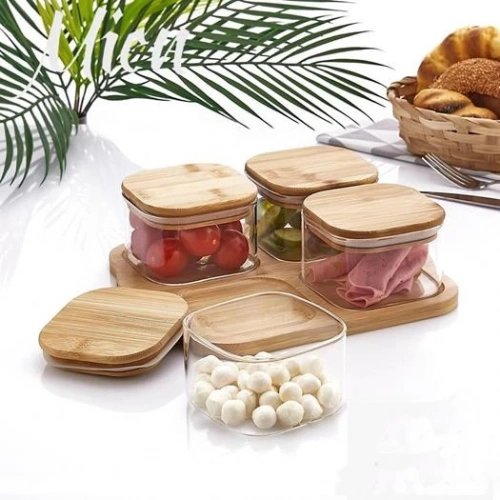 Mien 4lü Bambu Kapaklı Cam Kahvaltılık 10x6.5cm