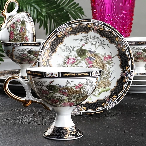 Ksv Porselen Ayaklı 6lı Fincan Seti Siyah