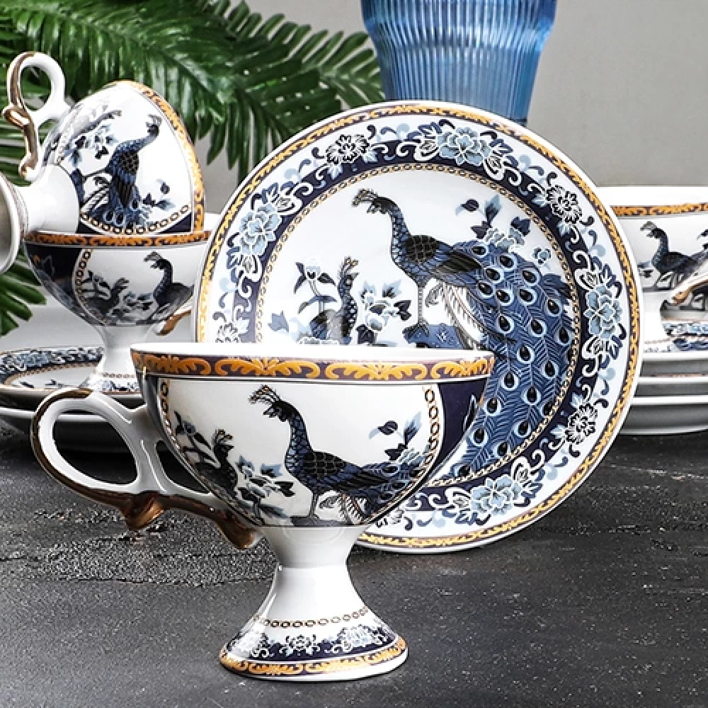 Ksv Porselen Ayaklı 6lı Fincan Seti Lacivert