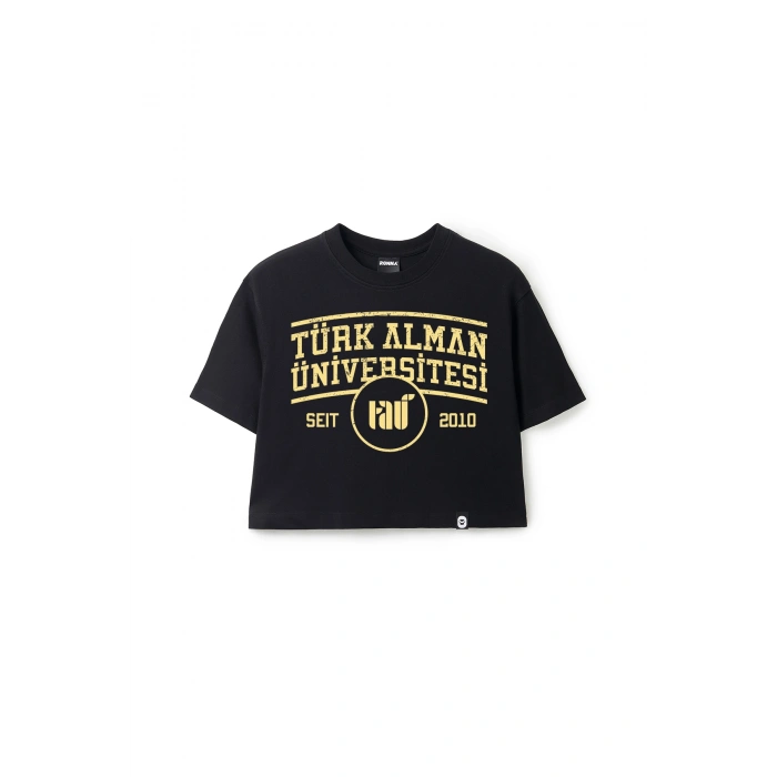Ronna  Kadın Türk - Alman Üniversitesi Serisi Model 1  Baskılı Oversize Bisiklet Yaka Crop Tshirt - TDB020101