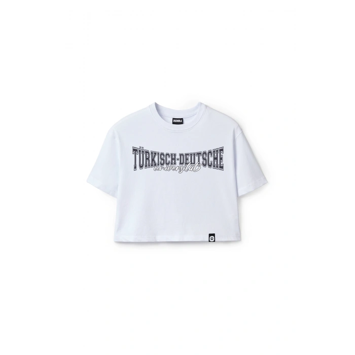 Ronna  Kadın Türk - Alman Üniversitesi Serisi Model 11 Baskılı Oversize Bisiklet Yaka Crop Tshirt - TDB020111