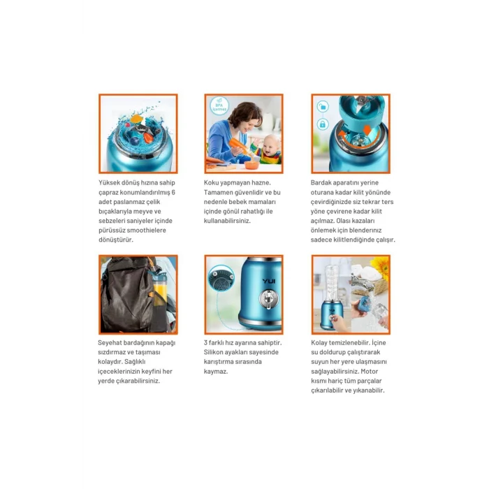 Yui Kişisel Blender Seti - M18 (450 ml Kulplu Cam Hazne, 600 ml Smoothie Bardağı, 180 ml Kahve Öğütücü)