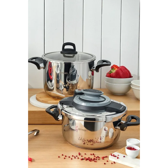 Emsan Montana 2li 4+6 Litre Indüksiyon Tabanlı Düdüklü Tencere Seti Siyah Gri