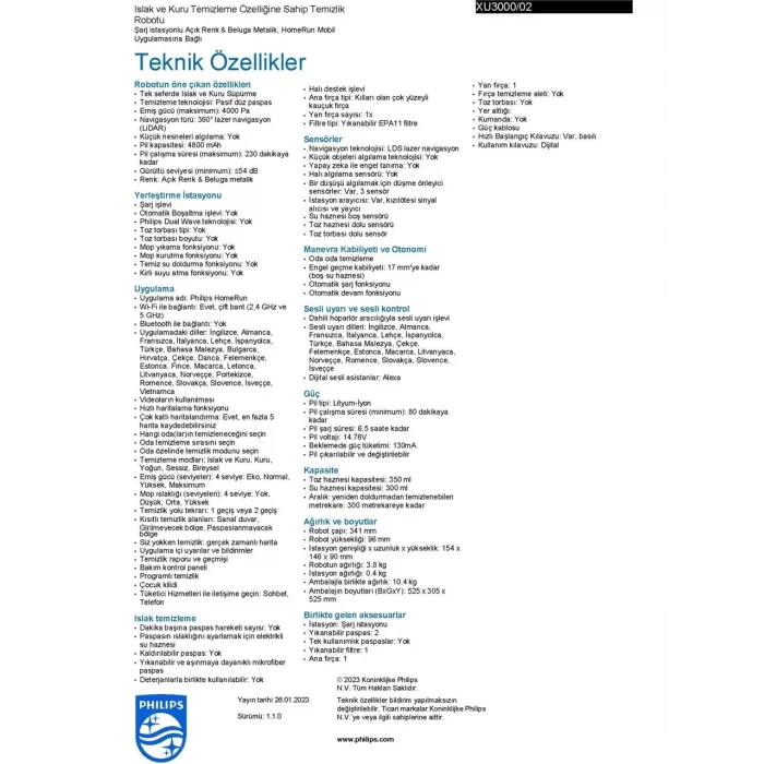 PHILIPS XU3000/02 Aqua Islak ve Kuru 3000 Serisi Temizlik Robotu