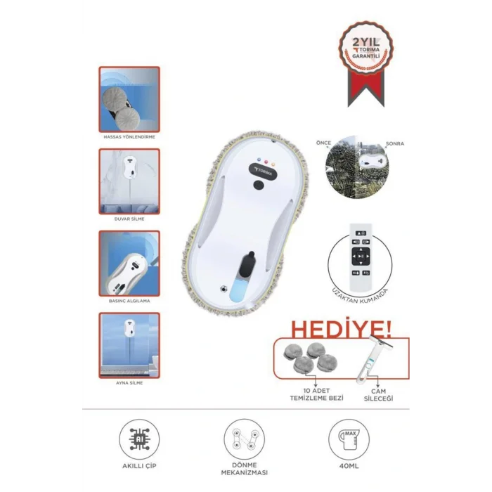Torima S9 Beyaz Su Püskürtmeli Uzaktan Kumandalı Cam Pencere Temizleme Robotu