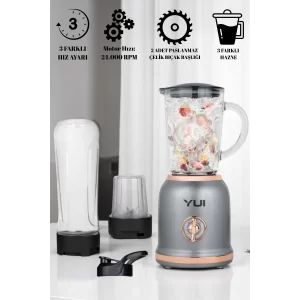Yui Kişisel Blender Seti - M18 (450 ml Kulplu Cam Hazne, 600 ml Smoothie Bardağı, 180 ml Kahve Öğütücü)