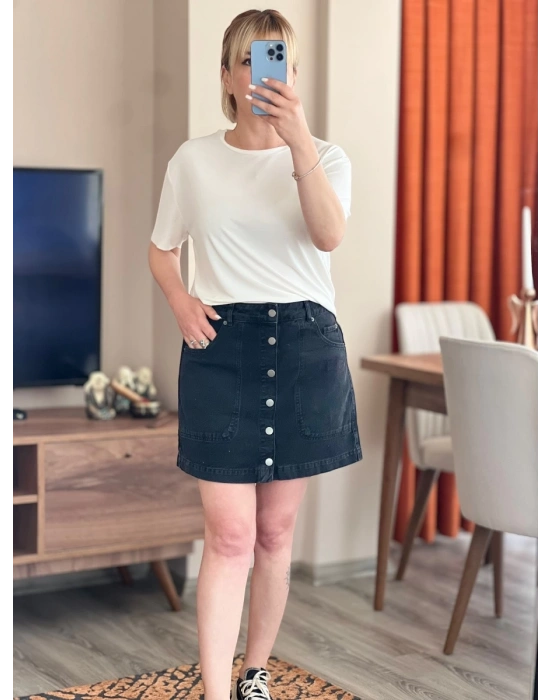 Siyah Denim Düğmeli Etek