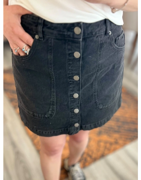 Siyah Denim Düğmeli Etek