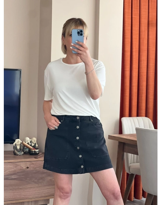 Siyah Denim Düğmeli Etek