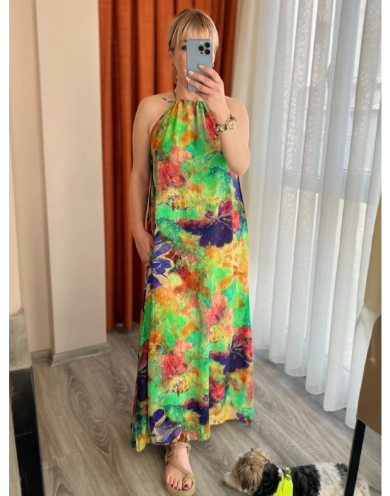 Renkli Halter Yaka Elbise – Organik Viskon