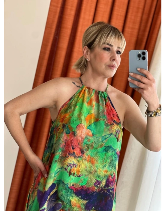 Renkli Halter Yaka Elbise – Organik Viskon