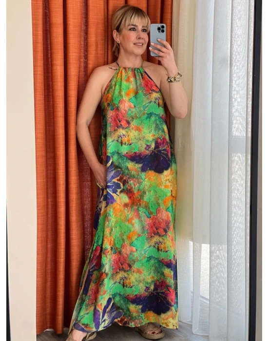 Renkli Halter Yaka Elbise – Organik Viskon