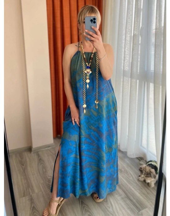 Mavi Batik Halter Elbise – Organik Pamuk