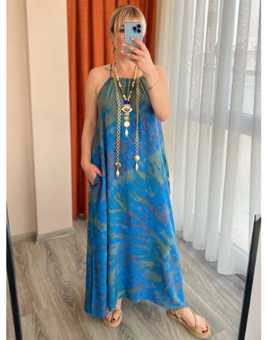 Mavi Batik Halter Elbise – Organik Pamuk