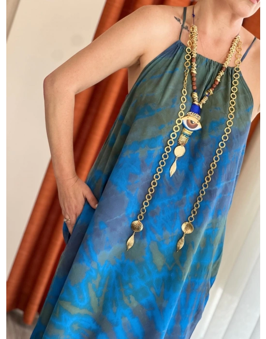 Mavi Batik Halter Elbise – Organik Pamuk