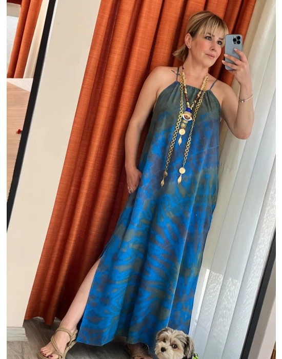 Mavi Batik Halter Elbise – Organik Pamuk