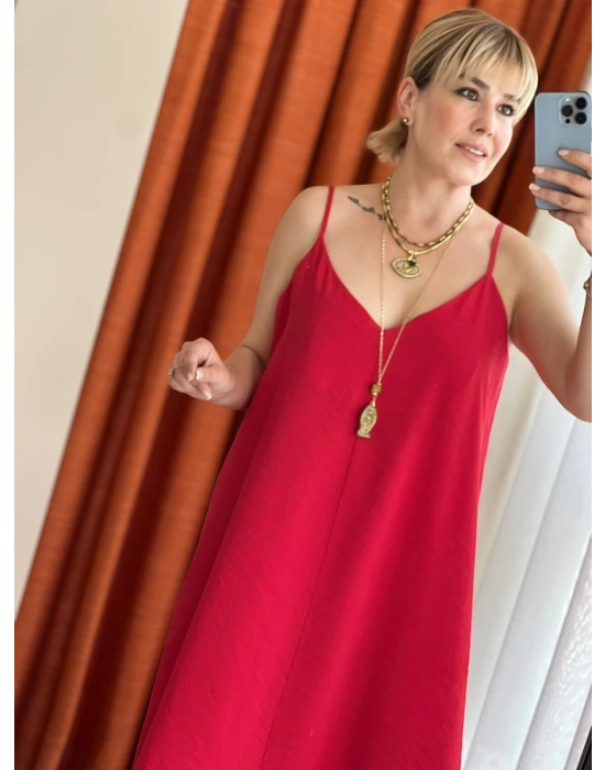 Kırmızı Uzun Askılı Elbise