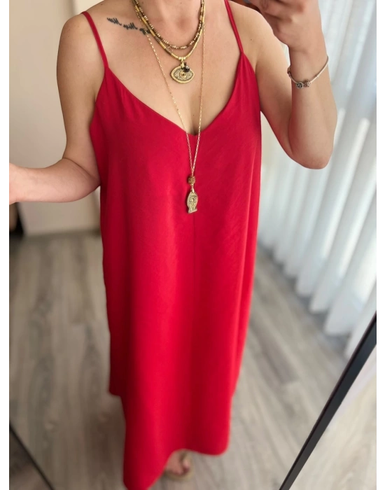 Kırmızı Uzun Askılı Elbise