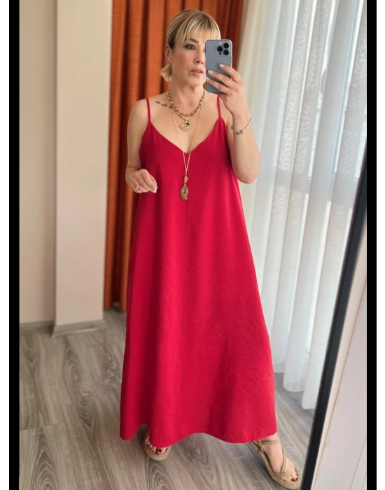 Kırmızı Uzun Askılı Elbise