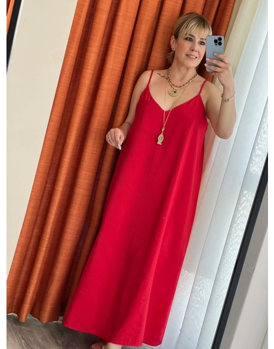Kırmızı Uzun Askılı Elbise