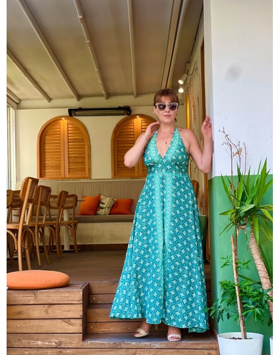 MİNT İPEK DESENLİ ELBİSE