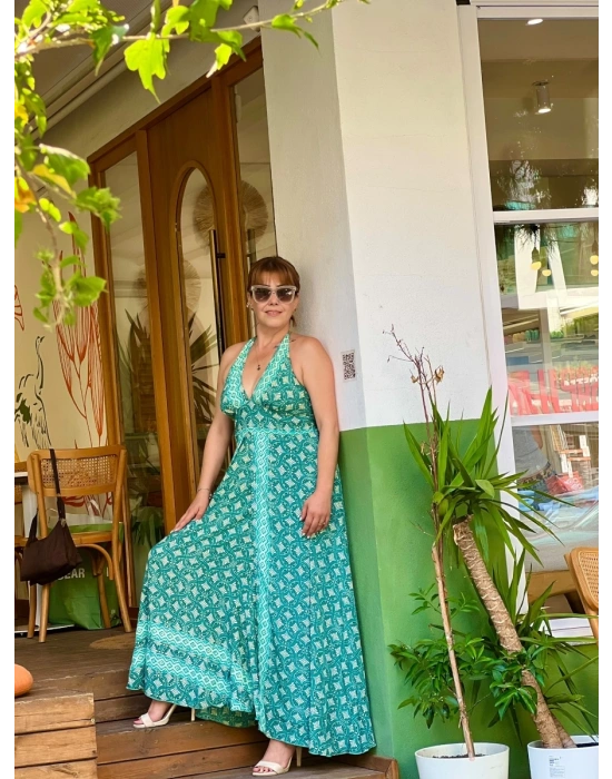 MİNT İPEK DESENLİ ELBİSE
