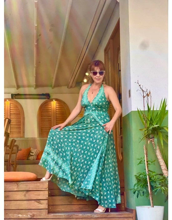 MİNT İPEK DESENLİ ELBİSE