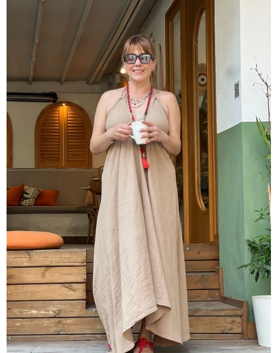 BEJ KAHVE KETEN ASİMETRİK ELBİSE