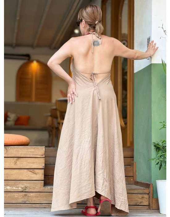 BEJ KAHVE KETEN ASİMETRİK ELBİSE