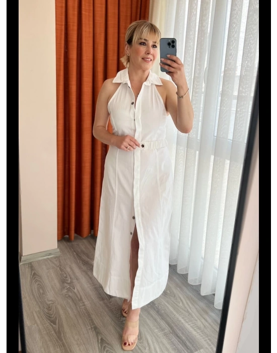 Beyaz Tensel Gömlek Yaka Elbise – Önden Düğmeli