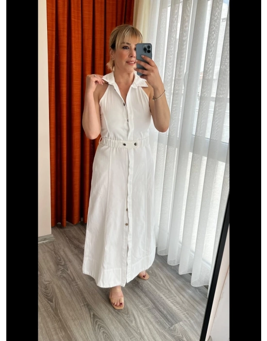Beyaz Tensel Gömlek Yaka Elbise – Önden Düğmeli