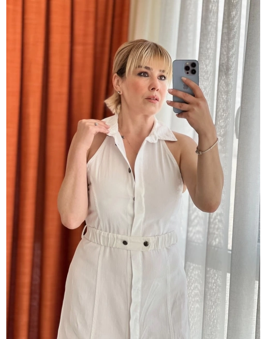 Beyaz Tensel Gömlek Yaka Elbise – Önden Düğmeli