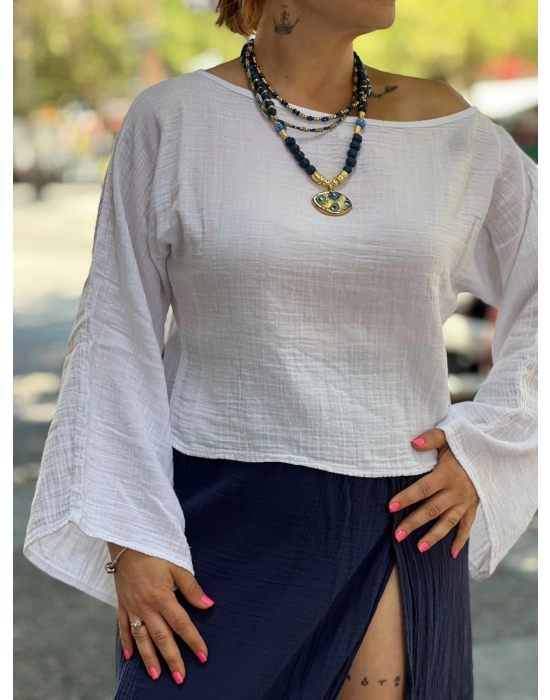 Bohem Salaş Pamuk Müslin Bluz -Beyaz