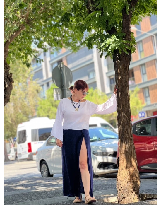 Bohem Salaş Pamuk Müslin Bluz -Beyaz