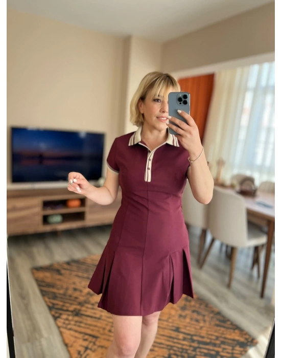 Bordo Dokuma Kumaş Polo Yaka Elbise