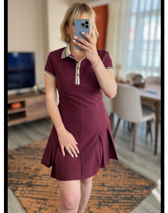 Bordo Dokuma Kumaş Polo Yaka Elbise