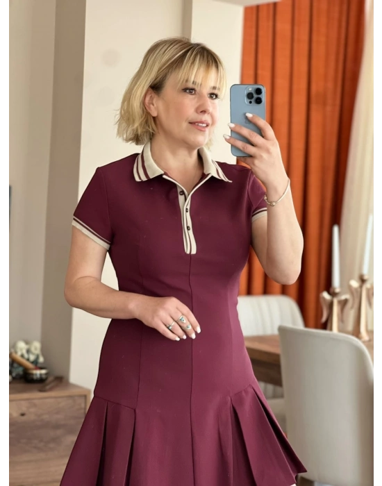 Bordo Dokuma Kumaş Polo Yaka Elbise