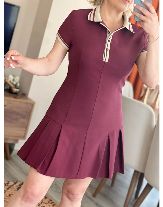Bordo Dokuma Kumaş Polo Yaka Elbise