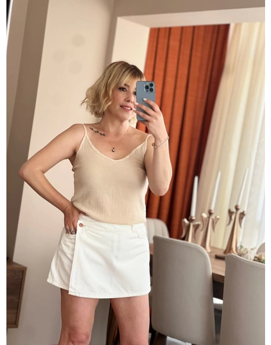 Ekru Denim Şort Etek