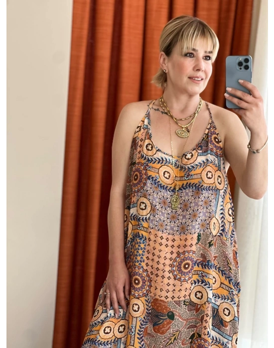 Etnik Desenli Askılı Elbise – Organik Viskon