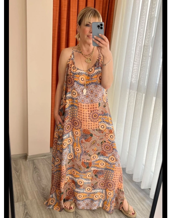 Etnik Desenli Askılı Elbise – Organik Viskon