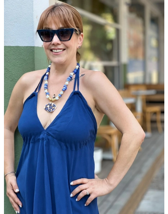 GECE MAVİSİ KETEN ASİMETRİK ELBİSE