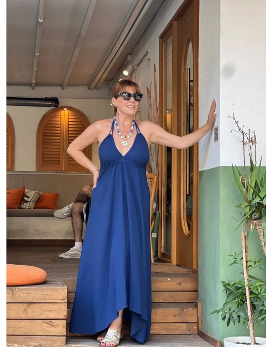 GECE MAVİSİ KETEN ASİMETRİK ELBİSE