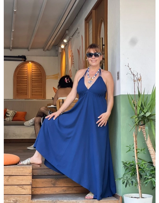 GECE MAVİSİ KETEN ASİMETRİK ELBİSE